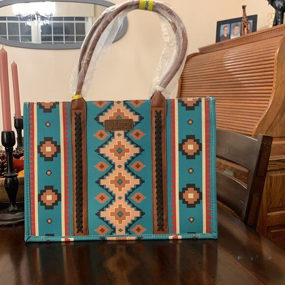 Wrangler Southwestern Pattern Dual Sided Print Canvas Wide Tote - Turquoise - Picture 5 of 14